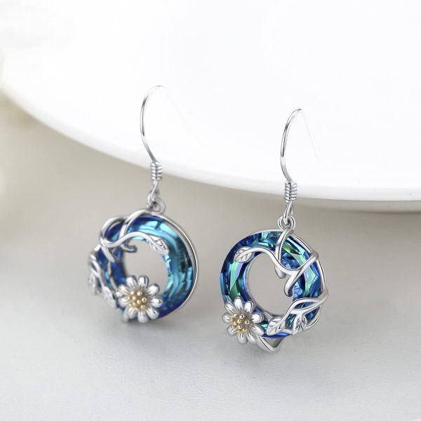 Sterling Silver Daisy Flower Dangle Earrings with Blue Crystal Circle-4