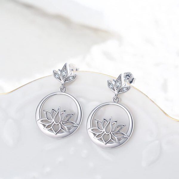 Sterling Silver Lotus Flower Dangle Earrings-3