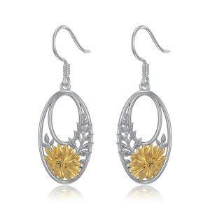 Sterling Silver Boho Sunflower Flower Dangle Earrings-0