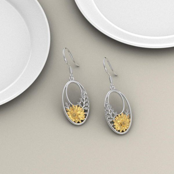 Sterling Silver Boho Sunflower Flower Dangle Earrings-4