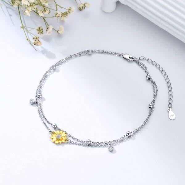 Sterling Silver Sunflower Layered Chain Bracelets-4