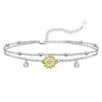 wholesale 925 Sterling Silver & CZ Sunflower Charm Bracelet for Women - Adjustable 8-10 Inches- Rhodium And Gold Plated