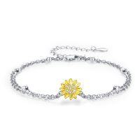 wholesale 925 Sterling Silver Yellow Gold Plated CZ Sunflower Adjustable Bracelet for Women's - Rhodium And Gold Plated