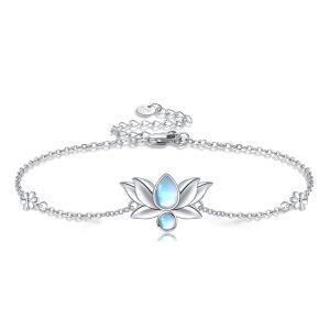 Sterling Silver Moonstone Lotus Flower Chain Bracelets-0