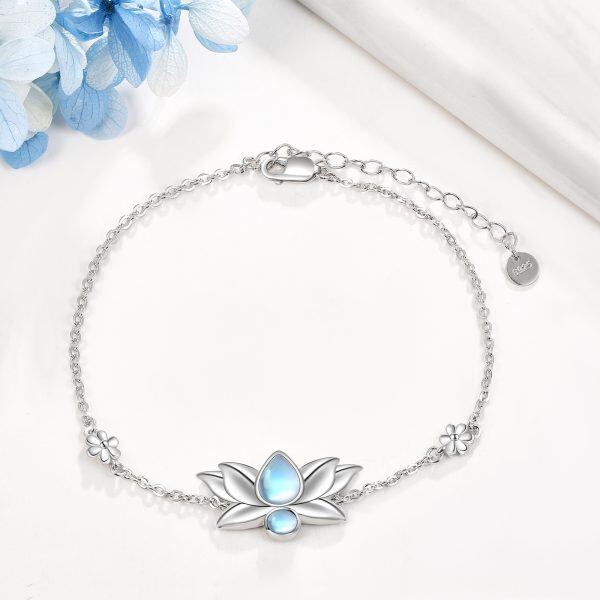 Sterling Silver Moonstone Lotus Flower Chain Bracelets-3