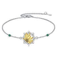 wholesale 925 Sterling Silver Gold Plated Sunflower Charm Bracelet with Green Crystal Accents for Women- Rhodium And Gold Plated