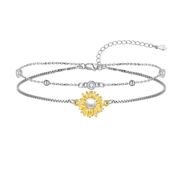 Sterling Silver Sunflower Double Chain Bracelets with Pearl-0