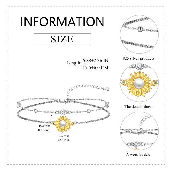 Sterling Silver Sunflower Double Chain Bracelets with Pearl-1