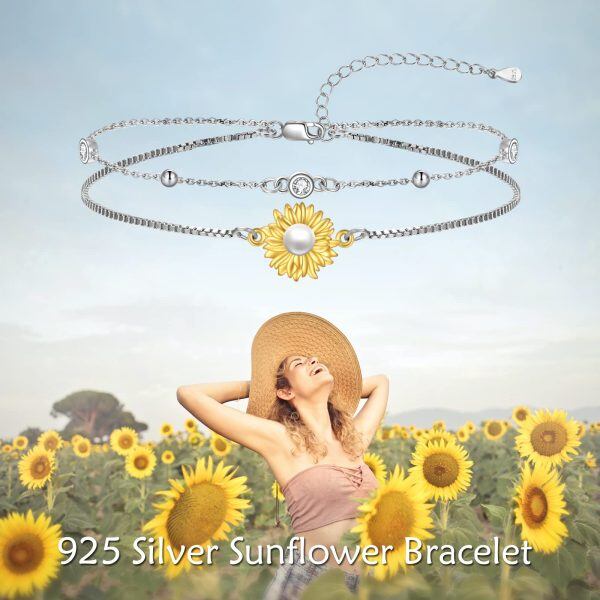 Sterling Silver Sunflower Double Chain Bracelets with Pearl-5