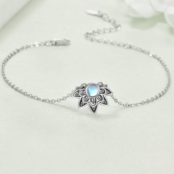 Sterling Silver Boho Moonstone Lotus Flower Chain Bracelets-3