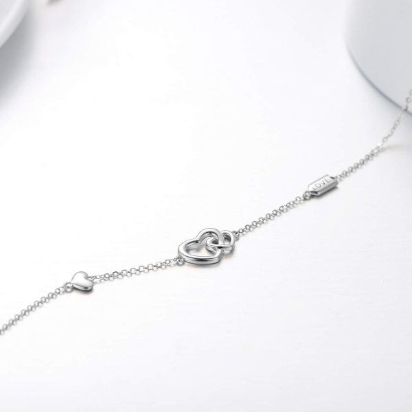 14K White Gold Interlocking Double Hearts Chain Bracelets-3
