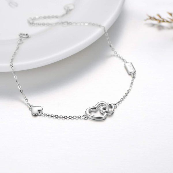 14K White Gold Interlocking Double Hearts Chain Bracelets-5