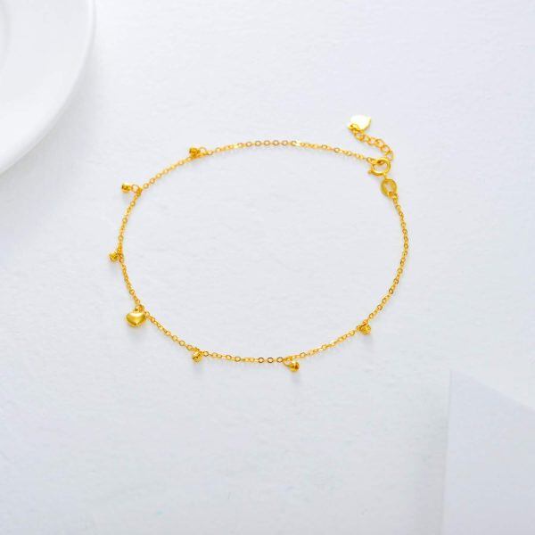 18K Yellow Gold Heart Chain Ankle Bracelets-3