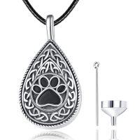 wholesale 925 Sterling Silver Tear Drop Celtic Knot Pet Paw Print Urn Keepsake Memorial Jewelry with Funnel and Fill Tool for Dogs/Cats Ashes (Black)- Black Rhodium Plated