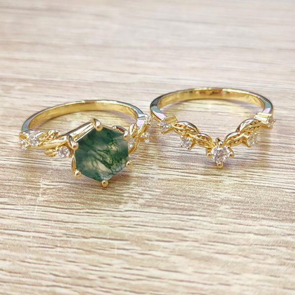 Sterling Silver Hexagon Cut Moss Agate Engagement Rings-3