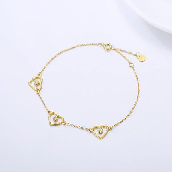 10K Gold Moissanite Three Heart Chain Bracelets-4