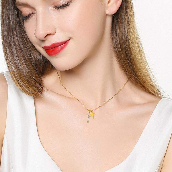 18K Gold Double Cross Pendant Necklace-2