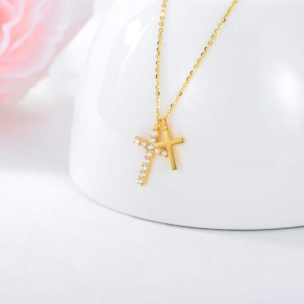 18K Gold Double Cross Pendant Necklace-3