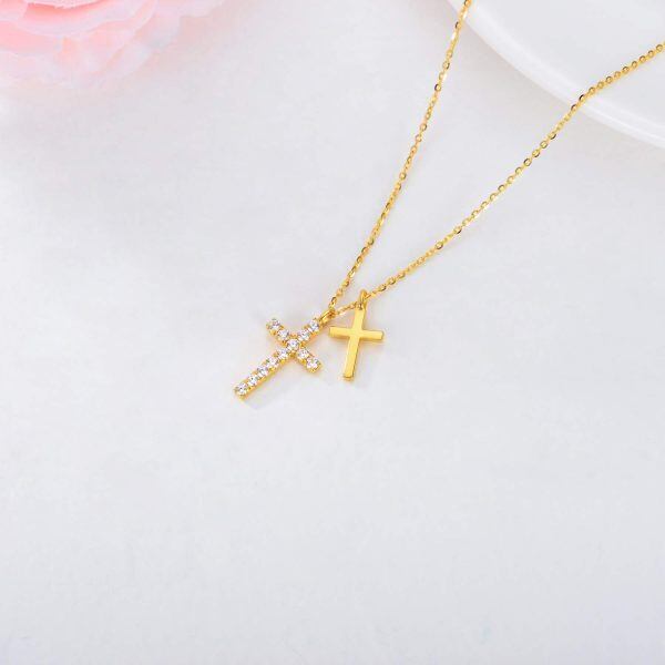 18K Gold Double Cross Pendant Necklace-4