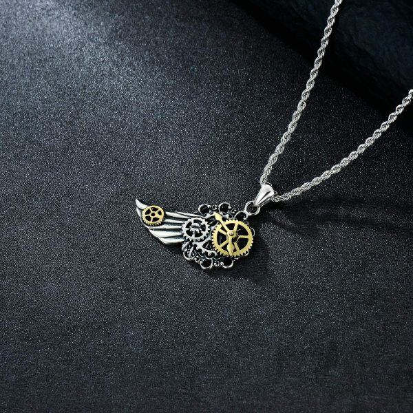 Sterling Silver Machine Wings Pendant Necklace-4