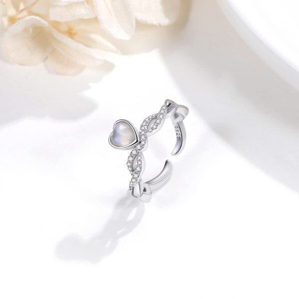 Sterling Silver Moonstone Heart Adjustable Ring-3