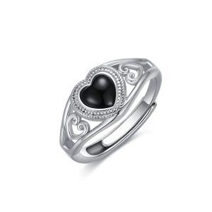 Sterling Silver Onyx Heart Adjustable Ring-0