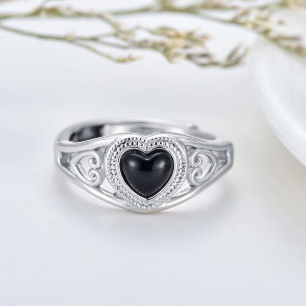 Sterling Silver Onyx Heart Adjustable Ring-3