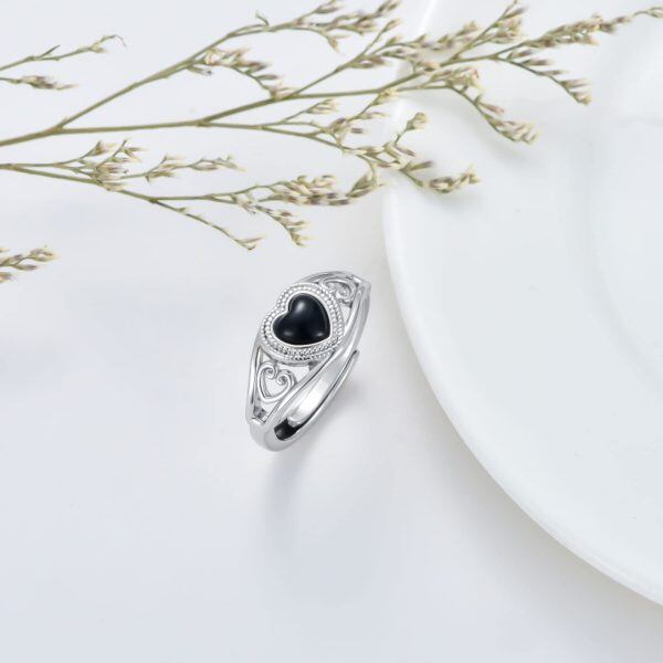 Sterling Silver Onyx Heart Adjustable Ring-4