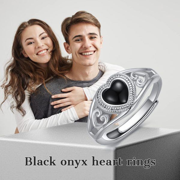 Sterling Silver Onyx Heart Adjustable Ring-5