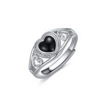 wholesale Silver Onyx Black Heart Rings for Women Adjustable with Gemstones Birthday Christmas Jewelry Gift - US # 7- US # 7