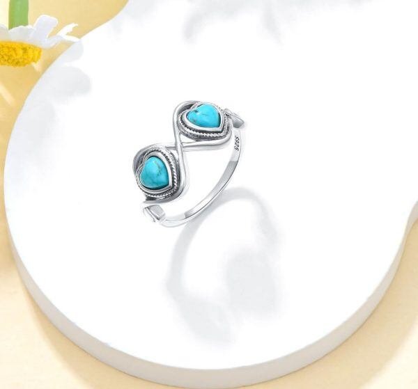 Sterling Silver Two Turquoise Heart Ring-5