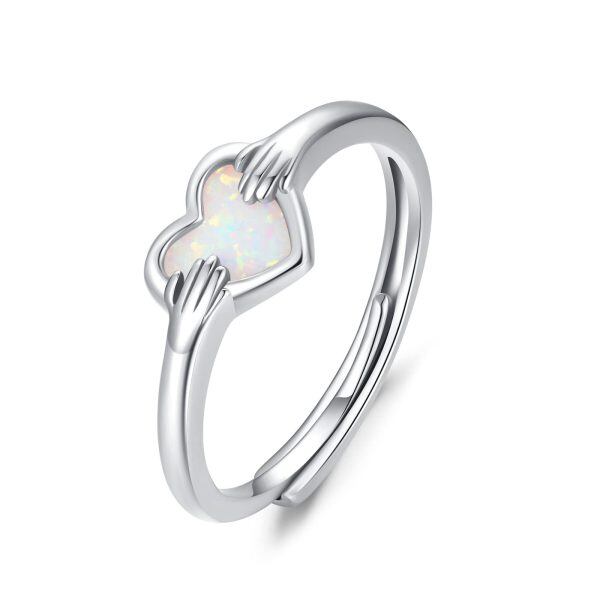 Sterling Silver Heart Shaped Opal Adjustable Ring-0