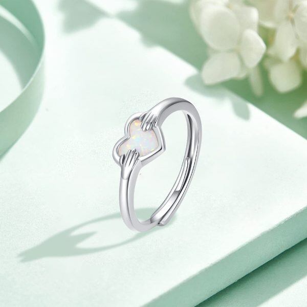 Sterling Silver Heart Shaped Opal Adjustable Ring-2