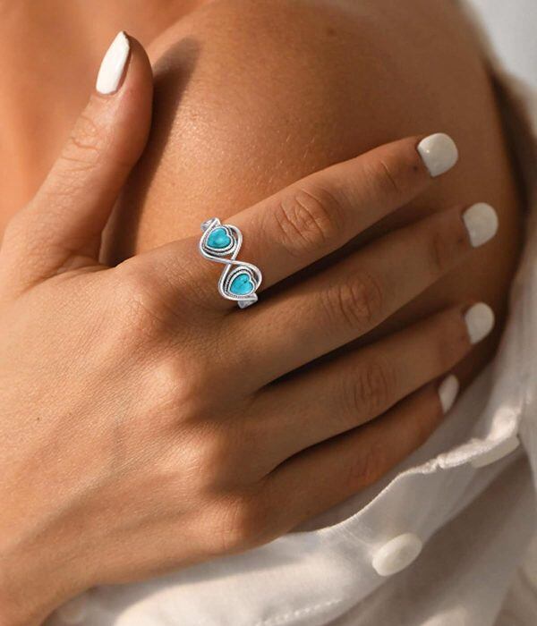 Sterling Silver Two Turquoise Heart Ring-4