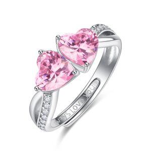 Sterling Silver Double Pink Heart CZ Adjustable Ring-0