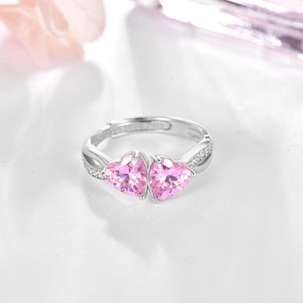 Sterling Silver Double Pink Heart CZ Adjustable Ring-5