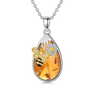 Sterling Silver Amber Honey Bee Pendant Necklace-0