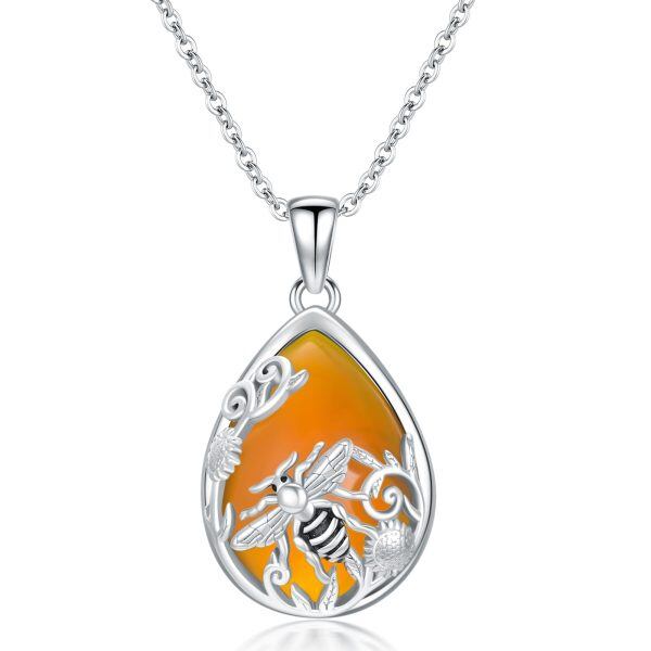 Sterling Silver Amber Sunflower Bee Pendant Necklace-0