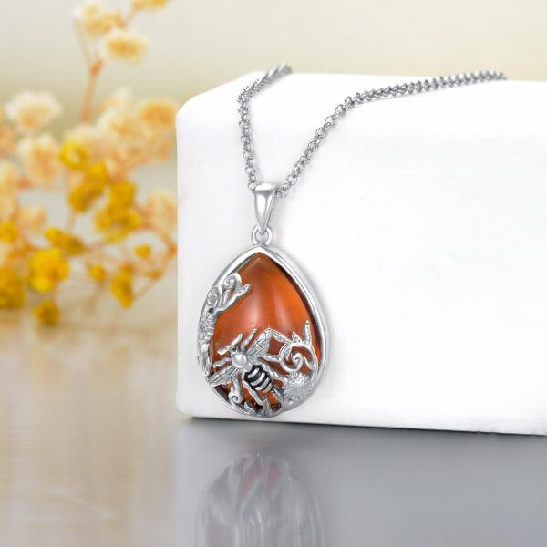 Sterling Silver Amber Sunflower Bee Pendant Necklace-3