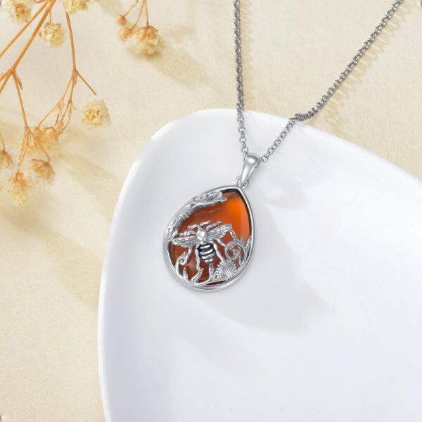 Sterling Silver Amber Sunflower Bee Pendant Necklace-4