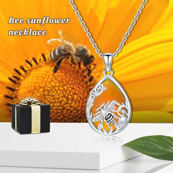 Sterling Silver Amber Sunflower Bee Pendant Necklace-5