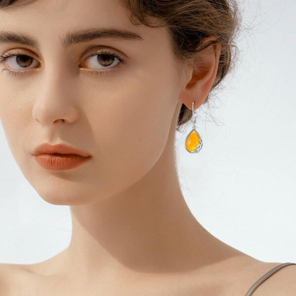 Sterling Silver Amber Teardrop Dangle Earrings-2