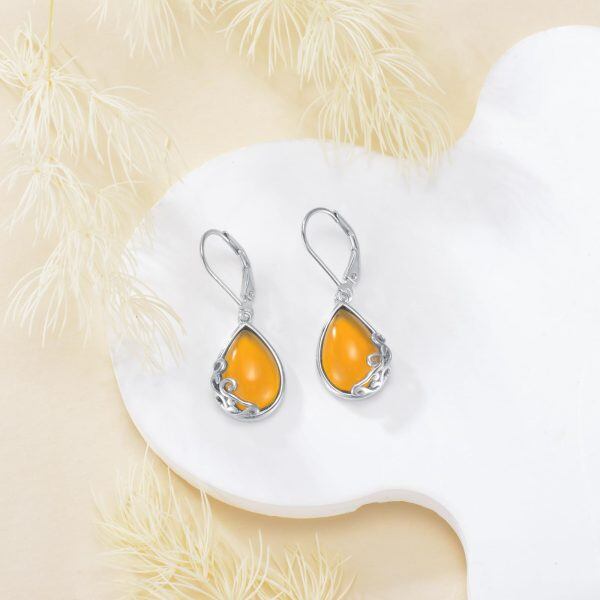 Sterling Silver Amber Teardrop Dangle Earrings-3