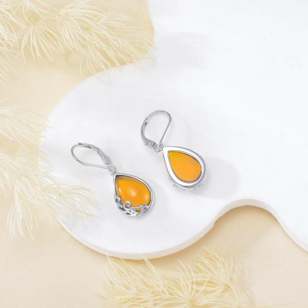 Sterling Silver Amber Teardrop Dangle Earrings-4