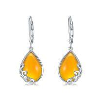 wholesale 925 Sterling Silver Yellow Jade Teardrop Dangle Earrings for Women and Girls- Rhodium Plated