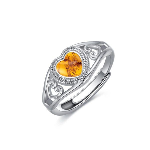 Sterling Silver Heart Amber Adjustable Ring-0