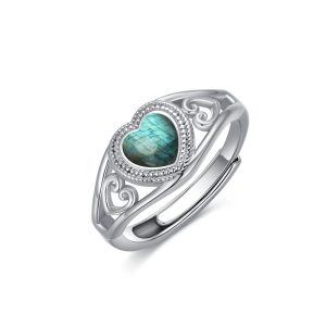 Sterling Silver Heart Labradorite Adjustable Ring-0