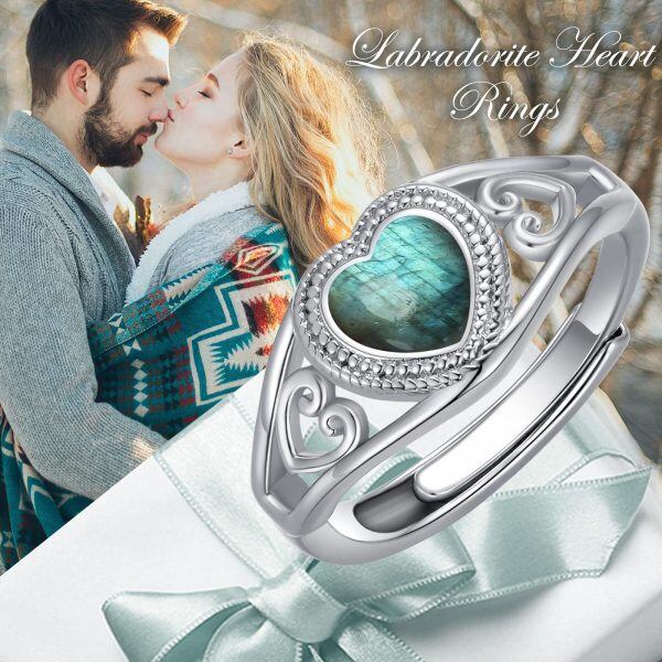 Sterling Silver Heart Labradorite Adjustable Ring-5