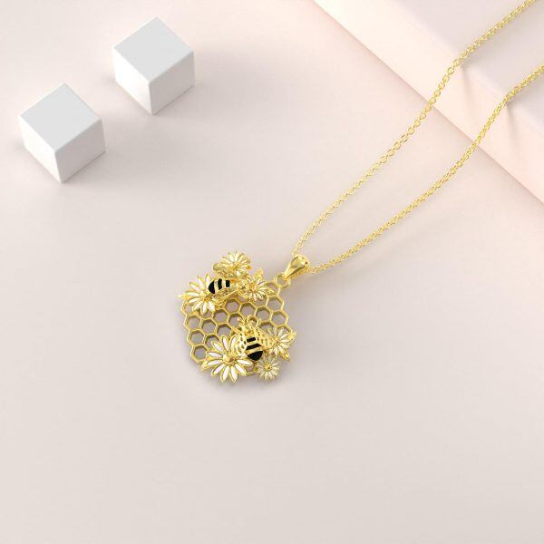 Sterling Silver Honeycomb Bee Pendant Necklace-4