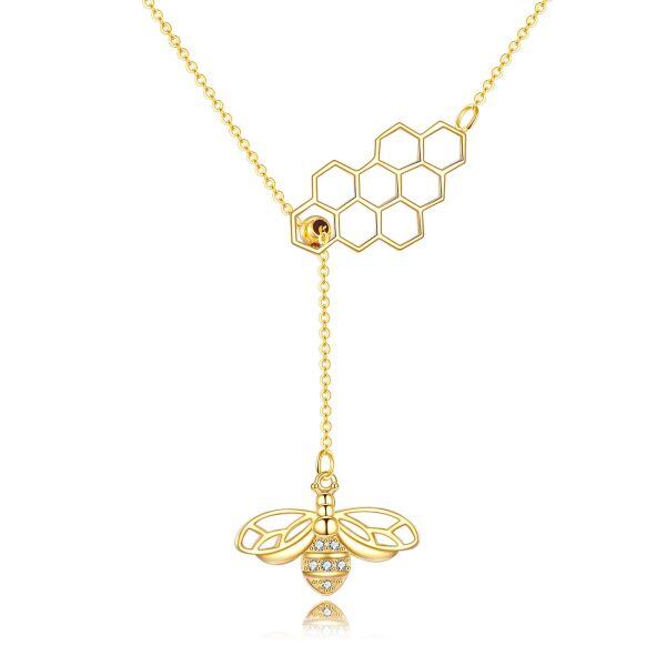 14K Solid Gold Honeycomb Bee Y Pendant Necklace-0